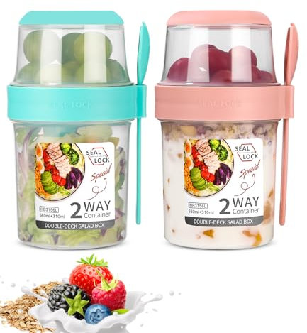 2 stycken müslimuggar to go, yoghurtkoppar för resor med sked, yoghurt att gå kopp, dubbla lager läckagesäker yoghurtbägare, salladsmugg, müsli to go mugg för arbete, skola, resor (310 ml 560 ml)