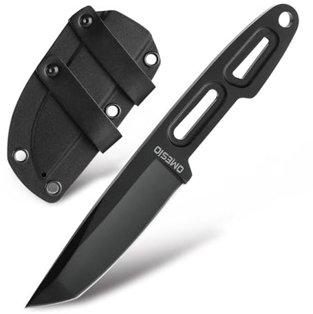 Omesio Pequeño Tanto Cuchillo de Hoja Fija con Vaina, 3.14» 5Cr13MoV Hoja de Acero Horizontal, Negro Full Tang EDC Cuchillo con Cordón para Camping al Aire Libre Senderismo para Hombres Mujeres