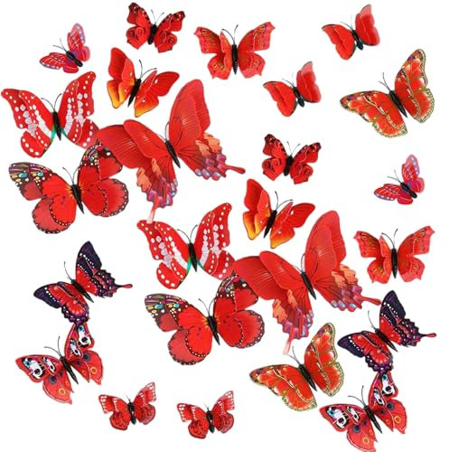 24PCS 3D Butterfly Wall Sticker Double Layer Butterflies Wall Art Stickers Girls Bedroom Decorations Butterfly Decals DIY Art Crafts for Home Garden Classroom Party Decor (Red)