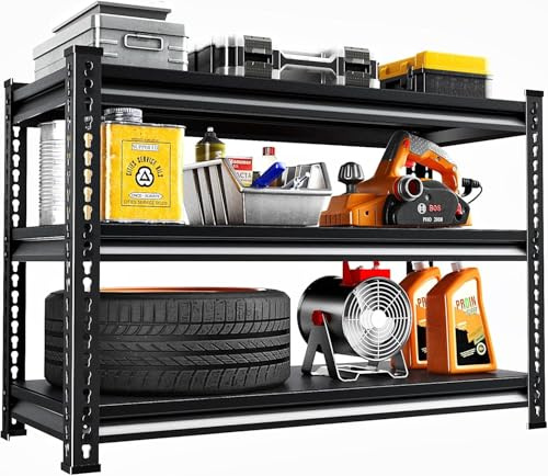 Schwerlastregal, Regal mit Stahlgestell 120 x45 x99 cm, Kellerregal 750KG Traglast, Lagerregal mit 3 Verstellbare Ablagen, Steckregal, Werkstattregal, Keller, Garage (Schwarz, 120 x45 x99 cm-3Platten)