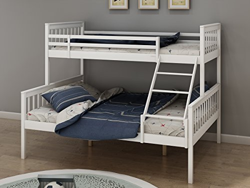 Panana Triple Bunk Bed, 4ft6 Double & 3ft Single Wooden Bunk Beds With Ladder Triple Sleeper Kids Bunk Bed, Solid Pine Wood Frame Children Single Double Bed Frame (white, can split in to 2 beds)