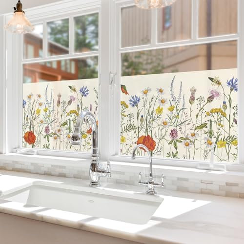 Milchglasfolie Beige Orange Blume Fensterfolie Selbstklebend Milchglasfolie Fenster Bad Fenster Sichtschutzfolie Fensterfolie Blickdicht Folie für Fenster Folie Fenster Sichtschutz 38x120cm/2 Pcs