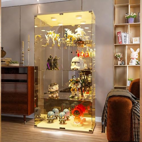 Julyue Glasvitrine Standvitrine 4 Lagen Vitrinenschrank Modern Glas Vitrine Mit Schloss Und 2 Türen, LED Licht, Glasvitrine Sammlerstücke Vitrine Glasvitrines Für Bücher Wein (Weiß, Mit LED-Licht)