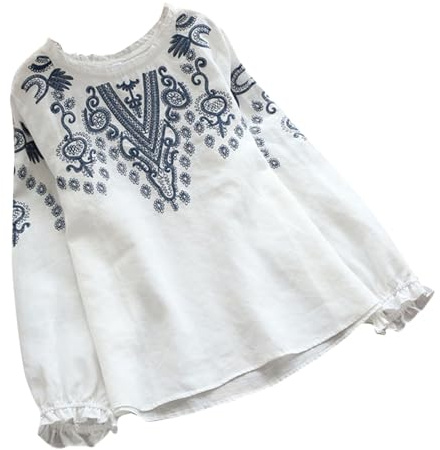 KQIVAM Leinenbluse Damen Sommer Musselin Tshirt Retro Große Größen Lang-Arm Oberteile mit Stickerei Muster Leinenhemd Baumwolle Leinen Lässig Tunika Locker Bluse Boho Tops Tuniken Sale Angebote