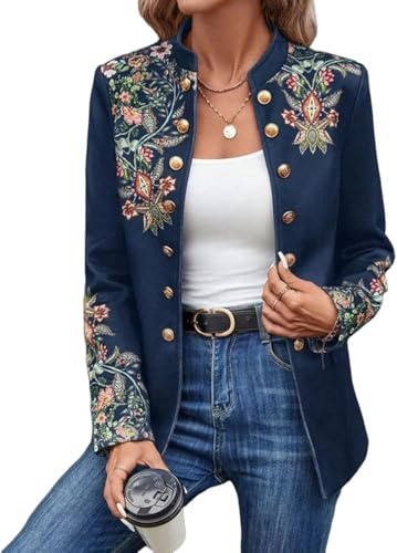 Chaqueta Cruzada Bordada con Cuello Alto para Mujer Moda Retro Casual Cárdigan de Primavera y otoño Elegante Chaqueta Delgada de Manga Larga (Azul,XL)