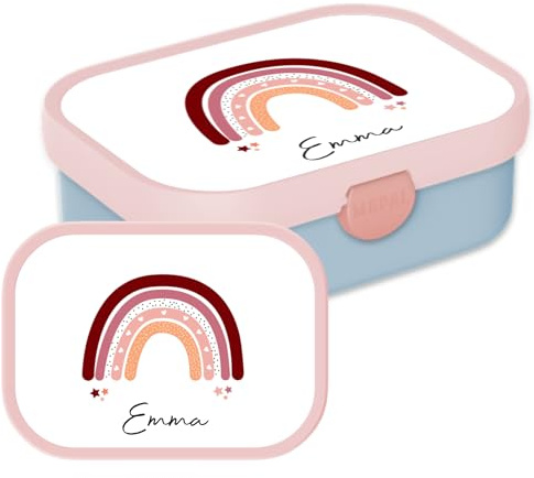 Mepal Campus Lunchbox mit Namen Regenbogen – 750 ml – Rosa | Personalisierte Bento Brotdose mit Namen für Kinder – Bento-Einsatz & Gabel – Clip-Verschluss – Spülmaschinenfest