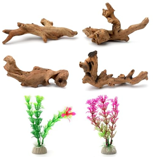 6 teilig kleinen natürlichen Treibholz und simulierte Wasserpflanzen für Aquarien, natürliches Treibholz und Zweige, Aquarium-Treibholz, Dekoration von Ästen für Reptilienbecken,Terrarium(10-15cm)
