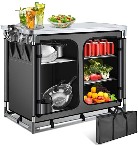 Tubiaz Campingschrank klappbar Campingküche mit Tragetasche Alu Faltschrank Küchenbox Klappschrank,Verstellbare Füße,45 cm Groß Stauraum, Outdoor Camping Küche für Camping,Grillen,Picknick