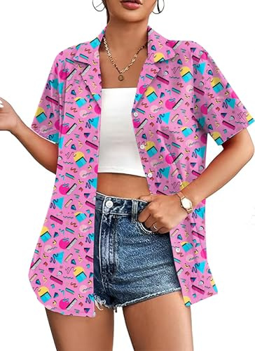 Hawaii Shirt Damen Vintage 90Er Hemd LäSsiges Retro 80Er Nostalgie Shirts Bluse Oberteile (Mehrfarbig10,S)