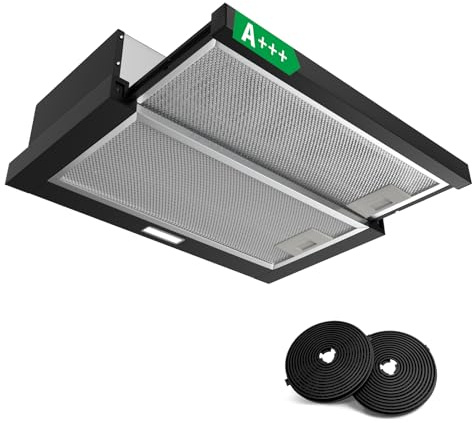 KICHPOWER Campana Extractora Telescópica 60 cm, A+++, 400 m³/h, Montaje integrado, Acero Inoxidable, 2 Niveles de Potencia, Iluminación LED, 2 Filtro de Carbono, Negro