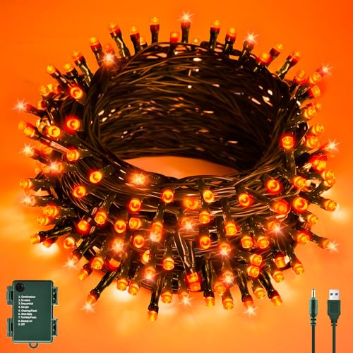 cshare Stringa Luci Decorazioni di Halloween, 6M 60LED Arancione USB/Batteria Catena Luminosa con Timer Impermeabili, per Esterni, Interni, Autunnali Halloween Decorazioni- Filo Verde