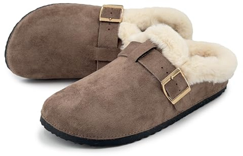 JOMIX Zapatillas de Casa Mujer Invierno Zuecos Forrados Efecto Ante Hebilla Ajustable Suela Antideslizante y Silenciosa Pantuflas Punta Cerrada Cálidas y Cómodas Caja de Regalo