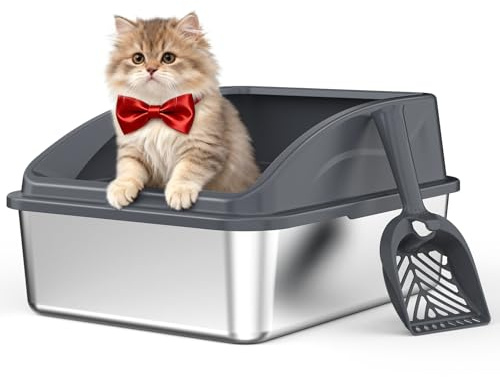 Kattlåda i rostfritt stål | Kattlåda i metall med lock på hög sida för små katter eller skadade katter, kaninkattlåda, låg ingång, luktfri, non-stick, inkluderar skopa