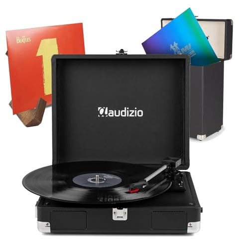 Audizio RP111BK Suitcase Record Player with Built-in Speakers, RC32 Vinyl Storage Case & Retro Display Stand – Complete Home Audio Bundle, 3-Speed Turntable, Headphone Out, Bluetooth, USB-C Powered