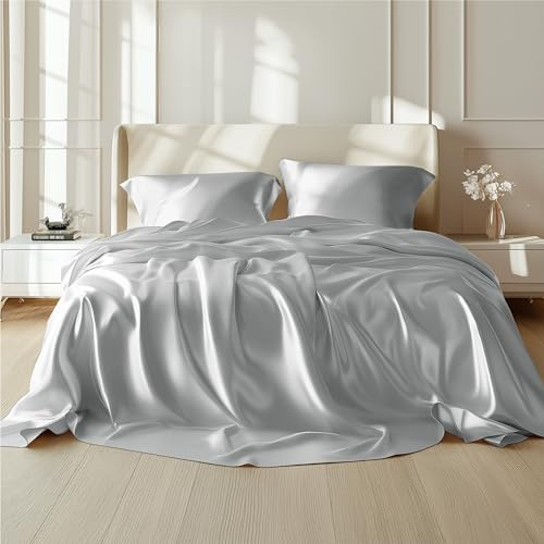 AMV Linen 100% Mulberry Silk Silver Grey Color 3-PCs Duvet Cover Set with Zipper Closure & Corner Ties, Real 12 Momme Top Grade Silk Set, King Size (104 x 90)