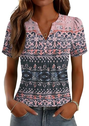 LOMON Unique Summer Shirts for Women Pink Ethnic Style Short Sleeve V Neck Soft Pleated Blouse Holiday L