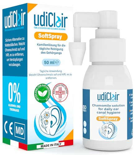 Spray Auricular para Higiene del Oído UdiClair SoftSpray 50ml para Adultos y Niños - Disuelve el Cerumen y previene los Tapones de Cera - Solución Isotónica con Manzanilla Made in Italy