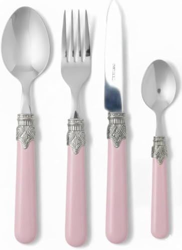 MODALYSSA Elegance Set Posate 4 Pezzi Rosa Cipria e ghiera Anticata, per 1 Persona in Acciaio Inox, Design Classico Elegante Shabby Chic, Made in Italy, Ideale per Regalo e Matrimoni.