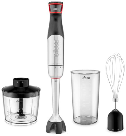 Ufesa Satellite Max, Batidora de Mano 1500W, Tecnología BladeFlex, 4 Cuchillas, Velocidad Ajustable, TouchSpeed, Antisalpicaduras, Set 3 en 1 con Picadora, Batidor Emulsionador y Vaso 700 ml