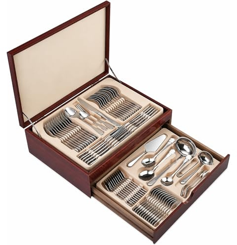 Reldor 72Pcs Premium Stainless Steel Cutlery Set Tableware Stainless Steel Canteen Wedding Parties Serving Dinner Cake Food BBQ Events Wooden Box