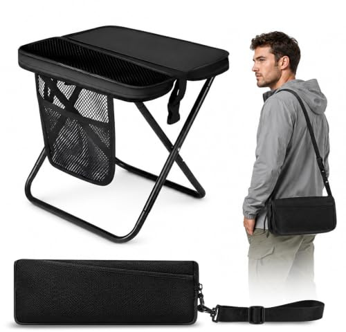 ZoneYan Sgabello Pieghevole Portatile, Sedia Pieghevole Portatile per Campeggio, Trekking ed Escursionismo, Sgabello Campeggio Ultra Leggero in Acciaio, Capacità 120 kg con Tasca Laterale