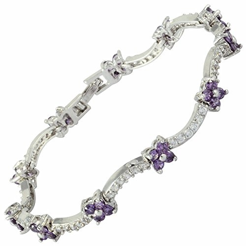 Blume Tennis Armband [18cm/7inch] mit Rundschliff Edelstein Zirkonia CZ [Lila Amethyst] in 18K Weißgold Vergoldet, Einfache Moderne Eleganz