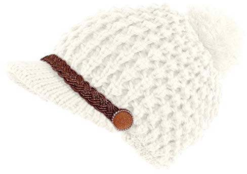 dy_mode Strickmütze Damen Schirmmütze mit Bommel und Innenfutter - A303 (A303-Weiß)