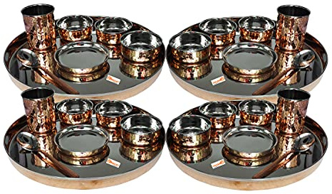 Indian dinnerware 25-Piece Set Stainless Steel Copper Traditional Dinner Set of thali Plate, Bowls, Tumbler and Spoon, Diameter 13 inch