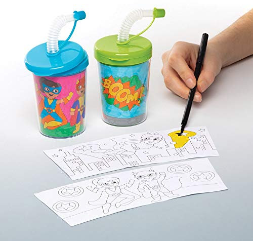 Baker Ross Kunststoff Becher Helden zum Ausmalen mit biegsamen Strohhalmen (3 Stück) – Bastelidee für Kinder zum Verzieren und Trinken