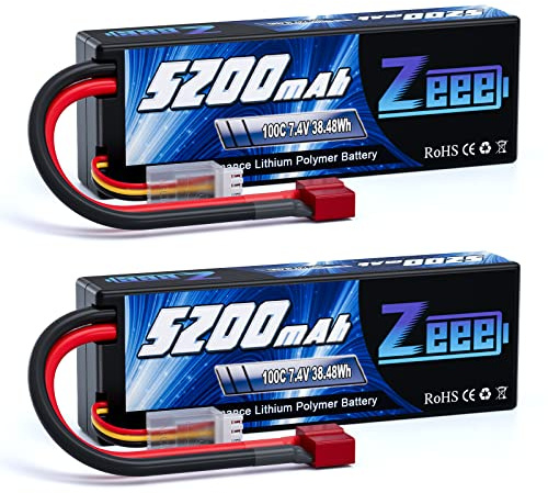 Zeee 2S LiPo Akku 7,4V 100C 5200mAh mit T Stecker(2 Packungen) | RC Batterie Hardcase für RC Auto, RC Flugzeug, RC Hubschrauber, RC Hobby