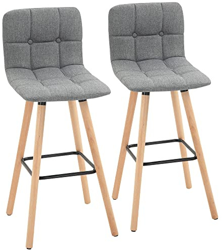 HOMCOM Set 2 Sgabelli da Bar con Schienale e Poggiapiedi, Grigio | Sgabelli Cucina, Seduta Imbottita in Tessuto e Gambe in Legno, 41.5x47x97.5