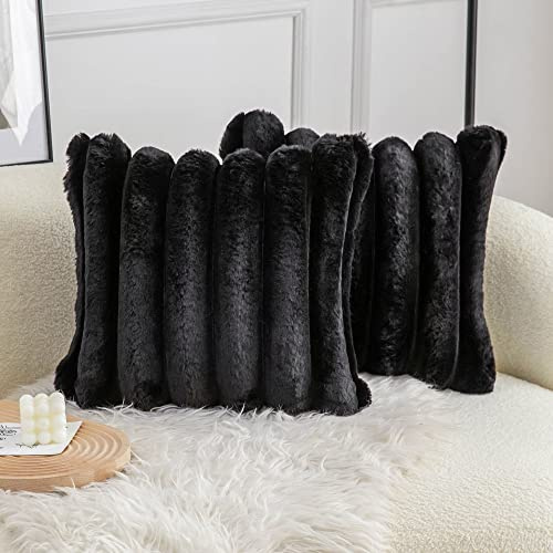 Neelvin 2er Set Plüsch Kissenhülle Kunstpelz Gemütliche Weiche Gestreifte Dekorative Kissenbezug Kissenbezüge Dekokissen Zierkissenbezug Sofakissen Schwarz 40x40 cm für Sofa Schlafzimmer