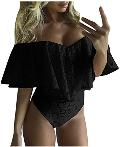 Tuta sexy da donna in pizzo senza spalle scoperte con scollo a V, aderente, elegante body da donna, maglietta estiva in rete, slim con scollo a U, Nero , M