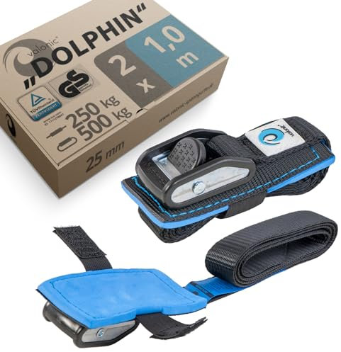 valonic DOLPHIN - 2x 1m short tie down straps, 25mm, 500Kg, protection pad, TÜV Rheinl. / GS certified, EN-12195-2 - cam buckle, for roof rack, kayak and bike rack, black