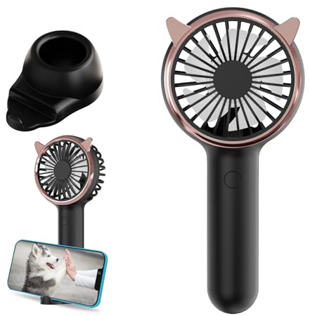 Handheld Fan Mini Portable Fan, USB Desk Fan with Base as a Phone Holder, Cat Ear Design Battery Operated Fans with RGB Color Light, Personal Fan for Kids,Women,Indoor,Outdoor,Party(Cat-Black), Small