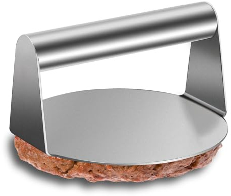 Hmfmdy Prensa de hamburguesas Smash de acero inoxidable 304, prensa redonda antiadherente de 5.5 pulgadas, kit de accesorios de prensa profesional de tocino para filetes, triturador de hamburguesas