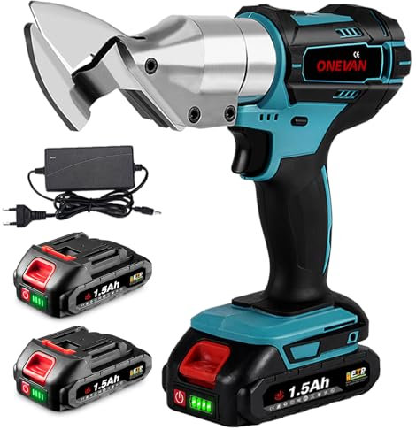 ONEVAN Metallschere Akku mit 2 1.5Ah Akkus, Blechschere Elektrisch Akku Schere, Elektrische Schere zum Schneiden von Stahl