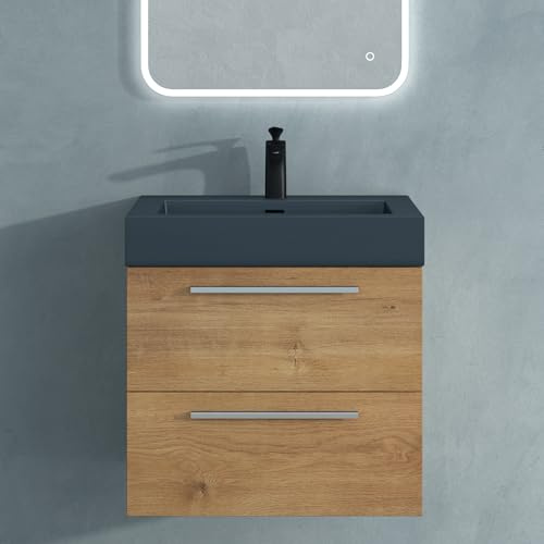 Mai & Mai Badmöbel-Set Waschbeckenunterschrank 60x48x60cm Kerneiche | Waschtisch mit Unterschrank inkl. Mineralguss-Waschbecken in matt Anthrazit, Quadratto