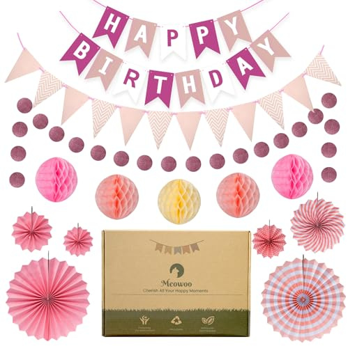 Meowoo Geburtstagsdeko, Rosa Geburtstag Party Deko - Happy Birthday Girlande, Wimpelkette, Wabenblumen, Papierfächer - Wiederverwendbare Deko Geburtstag für Männer und Frauen