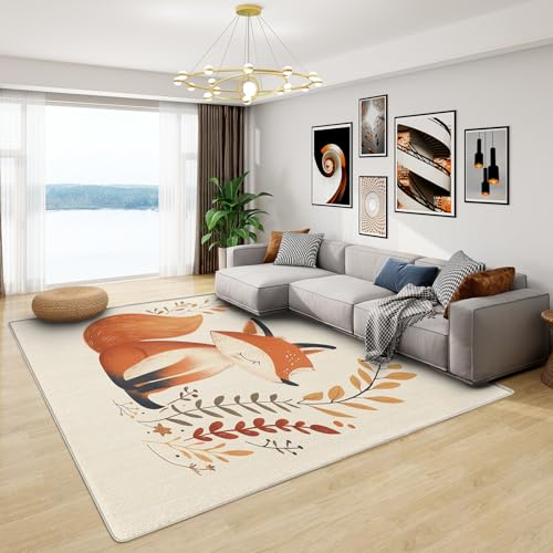 Generisch Fuchs Teppich Kinderzimmer - Teppich Wohnzimmer Schlafzimmer Wald, Kleiner Teppich Mädchen Waldtiere, Weich Kurzflor & Waschbar & rutschfest Fussmatte Innen, Kinderteppich 80x150 cm