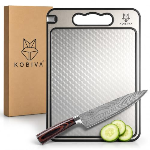 Kobiva Stainless Steel Cutting Board w/Knife Sharpener & Garlic Grinder | Scratch-Resistant Mesh Design, Double-Sided Chopping Board, Dishwasher Safe | Non-Slip, Non-Toxic, Food Grade 14.5x10