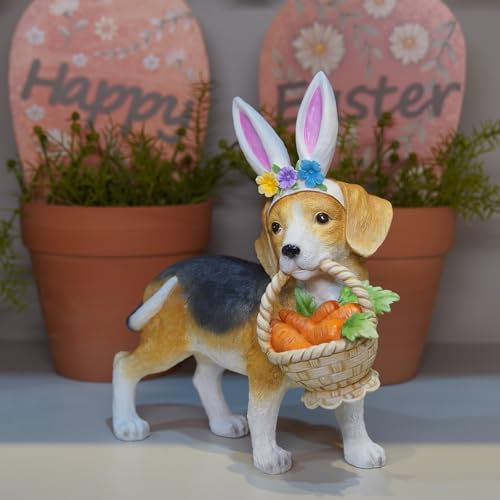 Cynkeyee Hunde-Gartenstatue, Dekoration – niedliche Beagle-Statuen mit Hasenohren, Karottenkorb-Figuren für den Tisch, Bodendekoration, Innendekoration, 29,2 x 10,2 x 26,7 cm