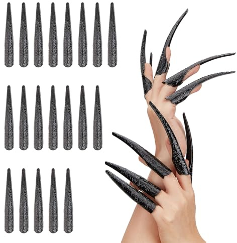 NICENEEDED 20 Pieza de Anillos de Uñas Postizas con Garras Largas para Dedos, Anillos de Uña Negros con Forma de Garra, Extensión de la Punta de los Dedos con Protectores de Nudillos para Halloween
