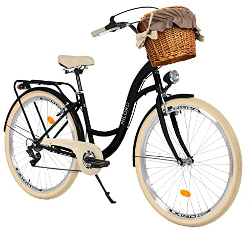 MILORD Damenfahrrad Citybike Komfort Mit Weidenkorb Hollandrad Vintage Fahrrad, 26, 28 Zoll, 7-Gang