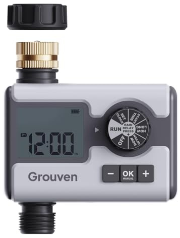 Grouven Temporizador de aspersor con dial de manguera programable, temporizador de agua para manguera de jardín con retardo de lluvia, manual, sistema de riego automático, temporizador de riego para