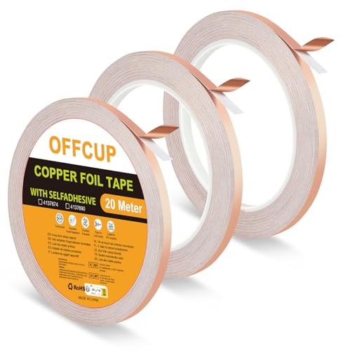OFFCUP Kupferband Gegen Schnecken, 3 Stück 6mm × 20m Kupferfolienband | Selbstklebend Abschirmband, Kupferfolie Klebeband Schneckenabwehr Kupfer Schneckenband Schneckenschutz für DIY