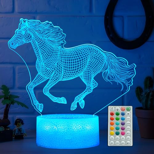 POSSHE Pferd Nachtlicht, Pferd Geschenke für Mädchen, 3D-Illusion Nachtlicht mit 16 Farben ändern, Fernbedienung mit Timer, Kinder Junge Zimmer Dekoration für Geburtstag Weihnachten
