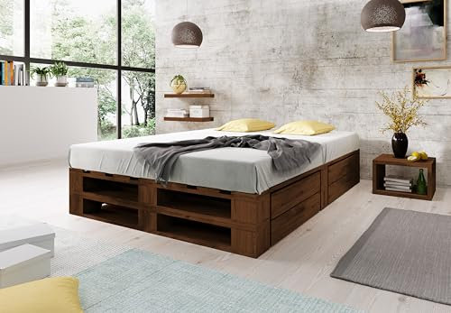 Lermowood Palettenbett M2 aus Holz 200 x 200 cm Palisander mit Lattenrost und 2 Bettkästen Holzbett 40cm Stabiles Seniorenbett Kinderbett Jugendbett Gästebett erhöhtes Bettgestell Futon Komforthöhe