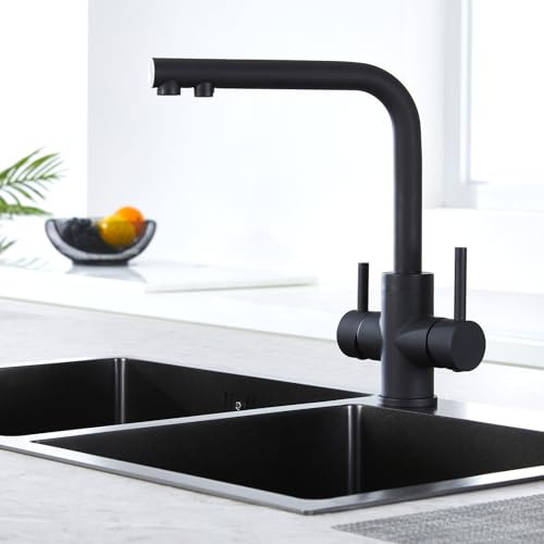 CREA 3 Wege Wasserhahn Küche Schwarz, 360° Drehbar Küchenarmatur, 3 in 1 Mischbatterie Küche für Wasserfilter, Trinkwasserhahn mit 2 Hebel, Drei Wege Armatur Küche aus Edelstahl, Matt Schwarz