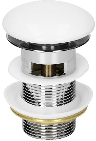 LuxeBath Universal Ablaufgarnitur für Waschbecken & Waschtisch mit Überlauf, Keramikdeckel Weiß-Edelstahl, 1 1/4 Zoll, Pop Up Ventil, Ablaufventil Abflussgarnitur Waschbeckenstöpsel mit Dichtungen